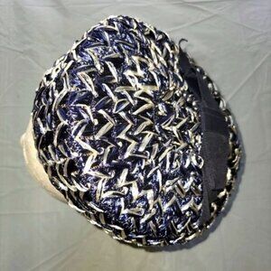 Vintage Union Made 1960's Sassy Blue & White Marled Straw Pill Hat w Ribbon Bow